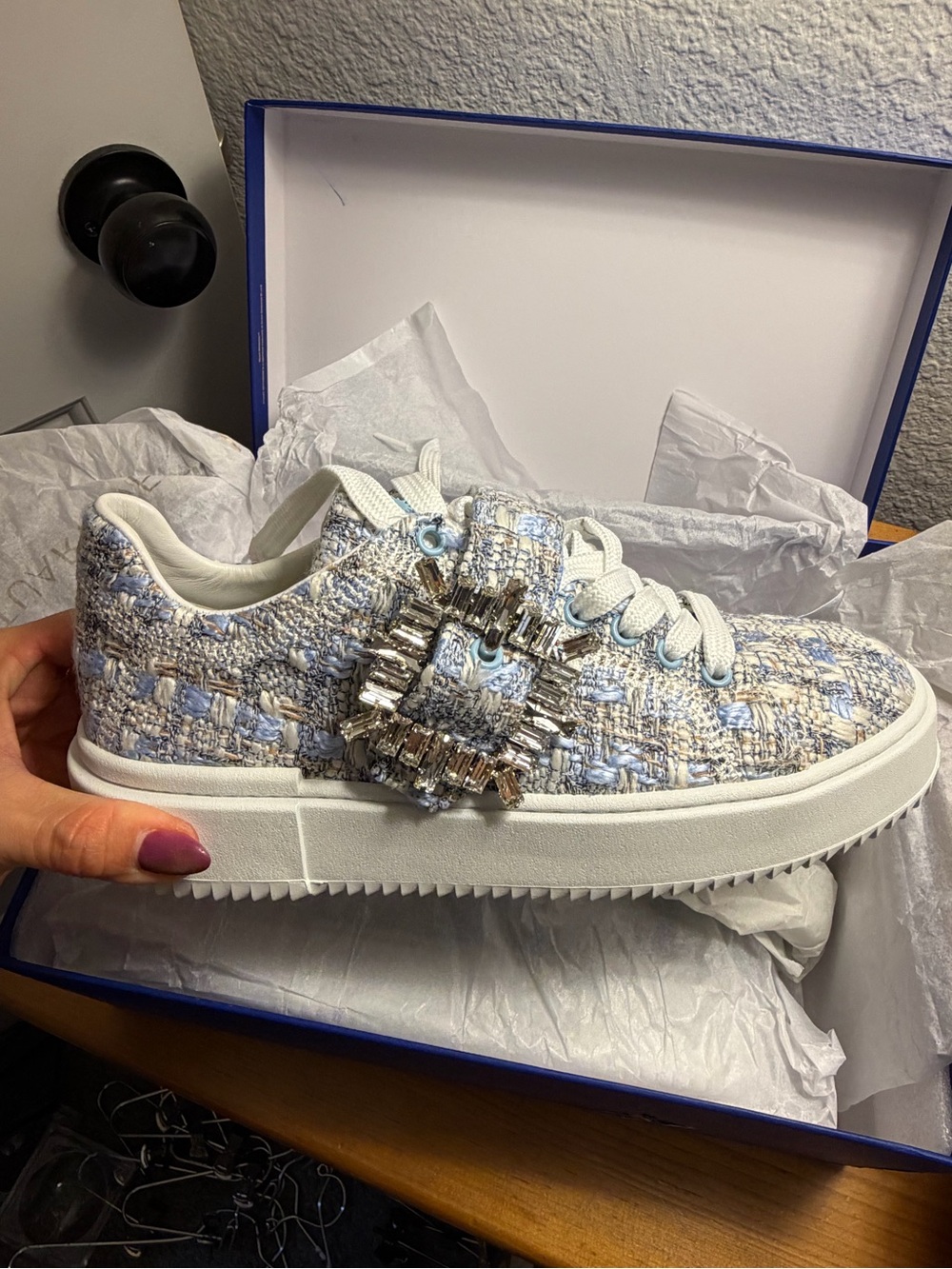 Stuart Weitzman Tweed Sneaker with Crystal Buckle in Light Blue and White